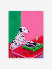 Illustrative print of a Dalmatian dog DJing on a green turntable against a pink and green wall