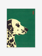 Stylised Dalmatian dog illustration art print with black spots on cream against a green background