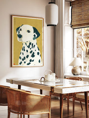 Illustrative Dalmatian dog art print with navy spots and gold texture on a golden-yellow, in a styled room mockup