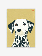 Illustrative Dalmatian dog portrait art print with black spots, amber eyes, and Japanese text on a tan background