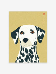 Illustrative Dalmatian dog portrait art print with black spots, amber eyes, and Japanese text on a tan background