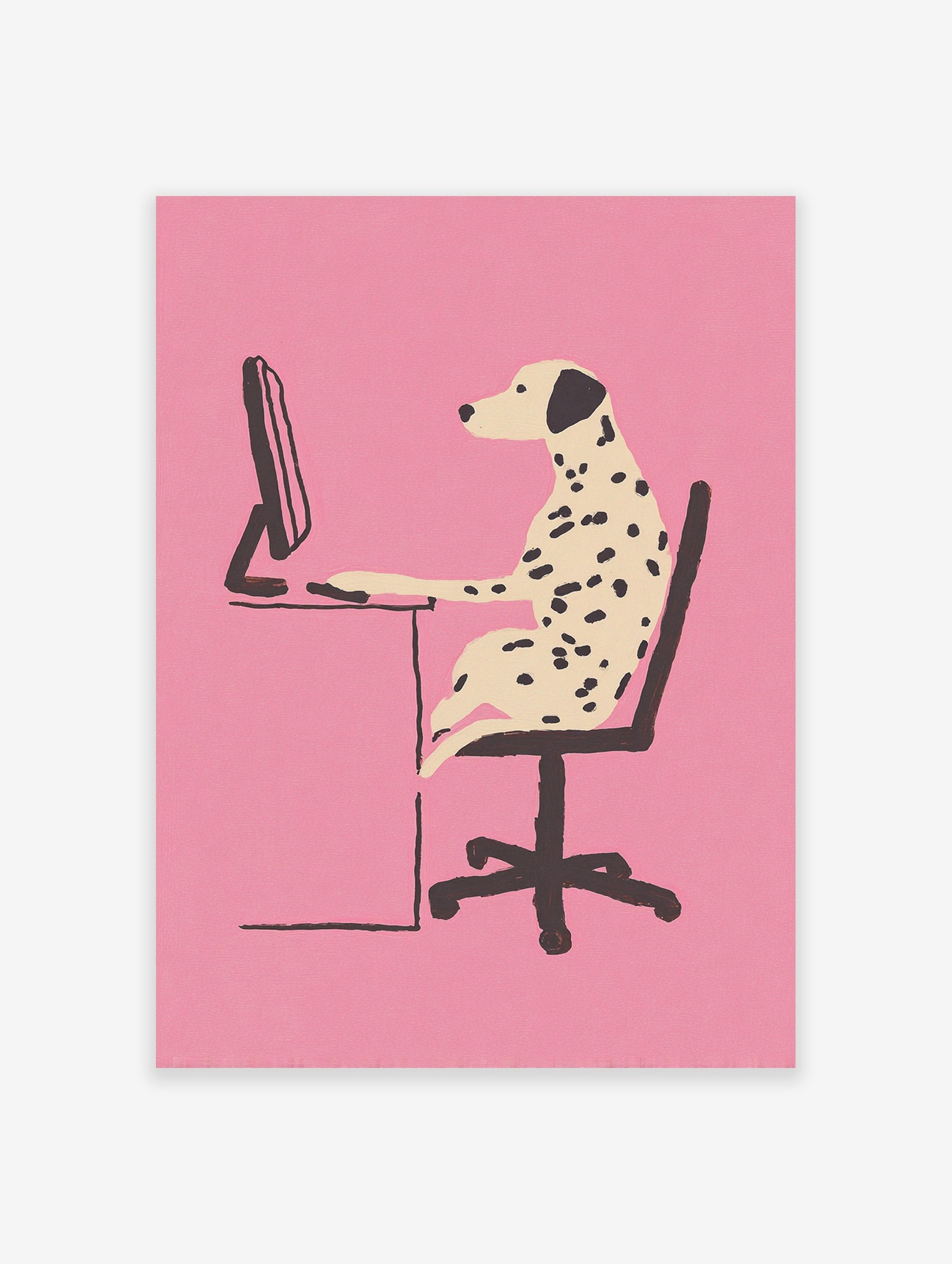 Illustration of a Dalmatian dog sitting at a desk and working on a computer against a pink background, modern dog wall art.