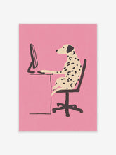Illustration of a Dalmatian dog sitting at a desk and working on a computer against a pink background, modern dog wall art.