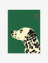Illustrative Dalmatian dog head and neck in profile on a green background with a red bar