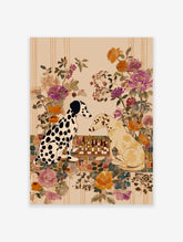 Illustrative art print of two Dalmatian dogs playing chess with a colourful floral background