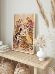 Illustrative art print of two Dalmatian dogs playing chess with a colourful floral background, in an alternate framed mockup