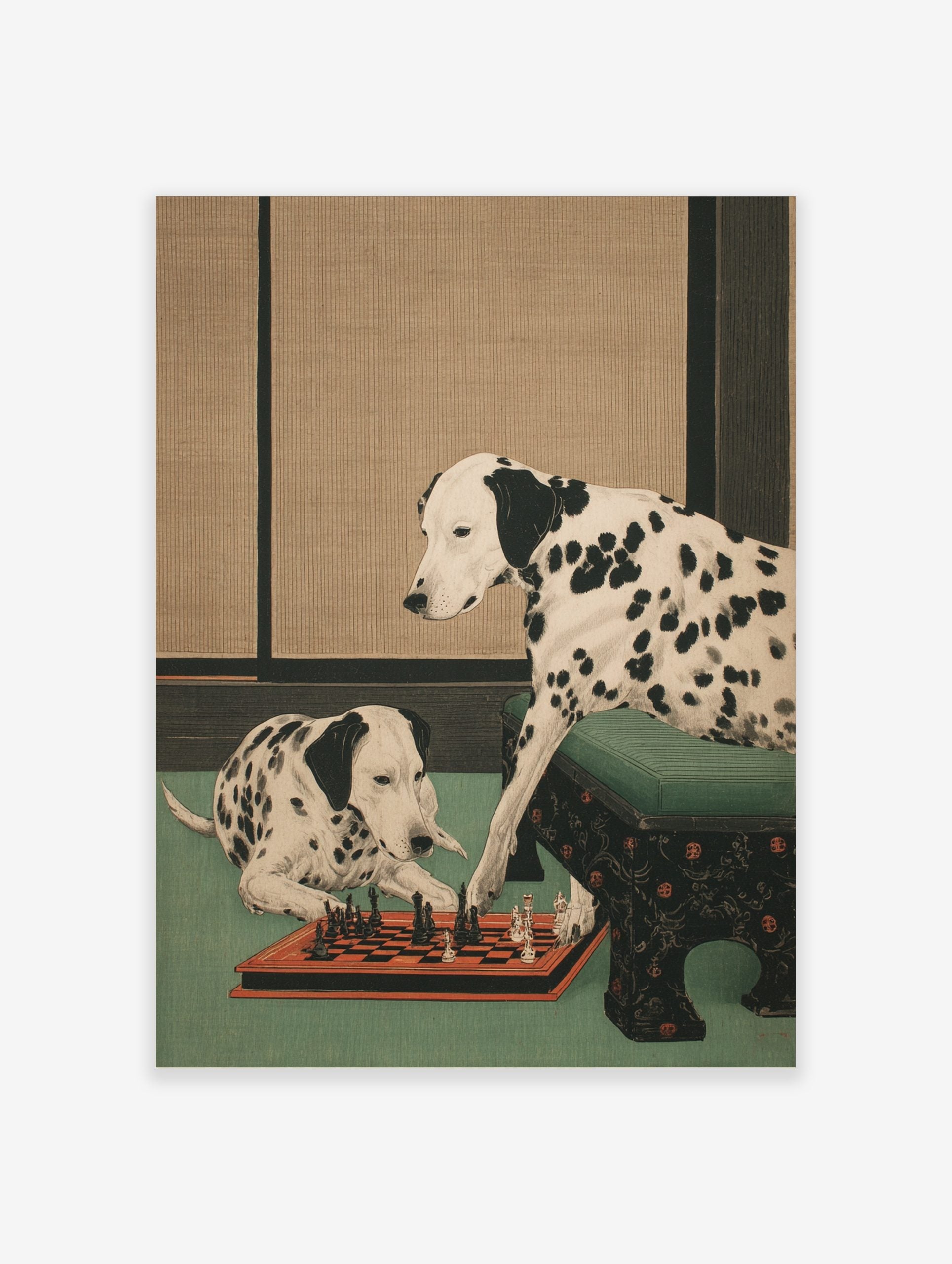 Illustrative print of two Dalmatian dogs with black spots playing chess on a green floor, beige background