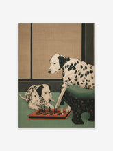 Illustrative print of two Dalmatian dogs with black spots playing chess on a green floor, beige background