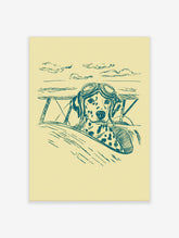 Illustrative print of a Dalmatian dog wearing pilot goggles and helmet in a biplane cockpit with clouds
