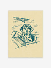 Illustrative print of Dalmatian dog pilot in biplane cockpit with goggles, another biplane flying above
