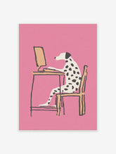 Modern illustration of a Dalmatian dog working at a computer desk on a vibrant pink background, Dalmatian wall art.