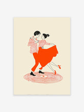 Illustration of a dancing couple in red and black on a cream background, standing on a stylized vinyl record design.