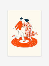 Illustrative dance wall art featuring a retro couple dancing on a vibrant orange vinyl record against a cream background.