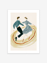 Illustrated dance wall art print of a vintage-style couple spinning in a dynamic, swirling motion on a light background