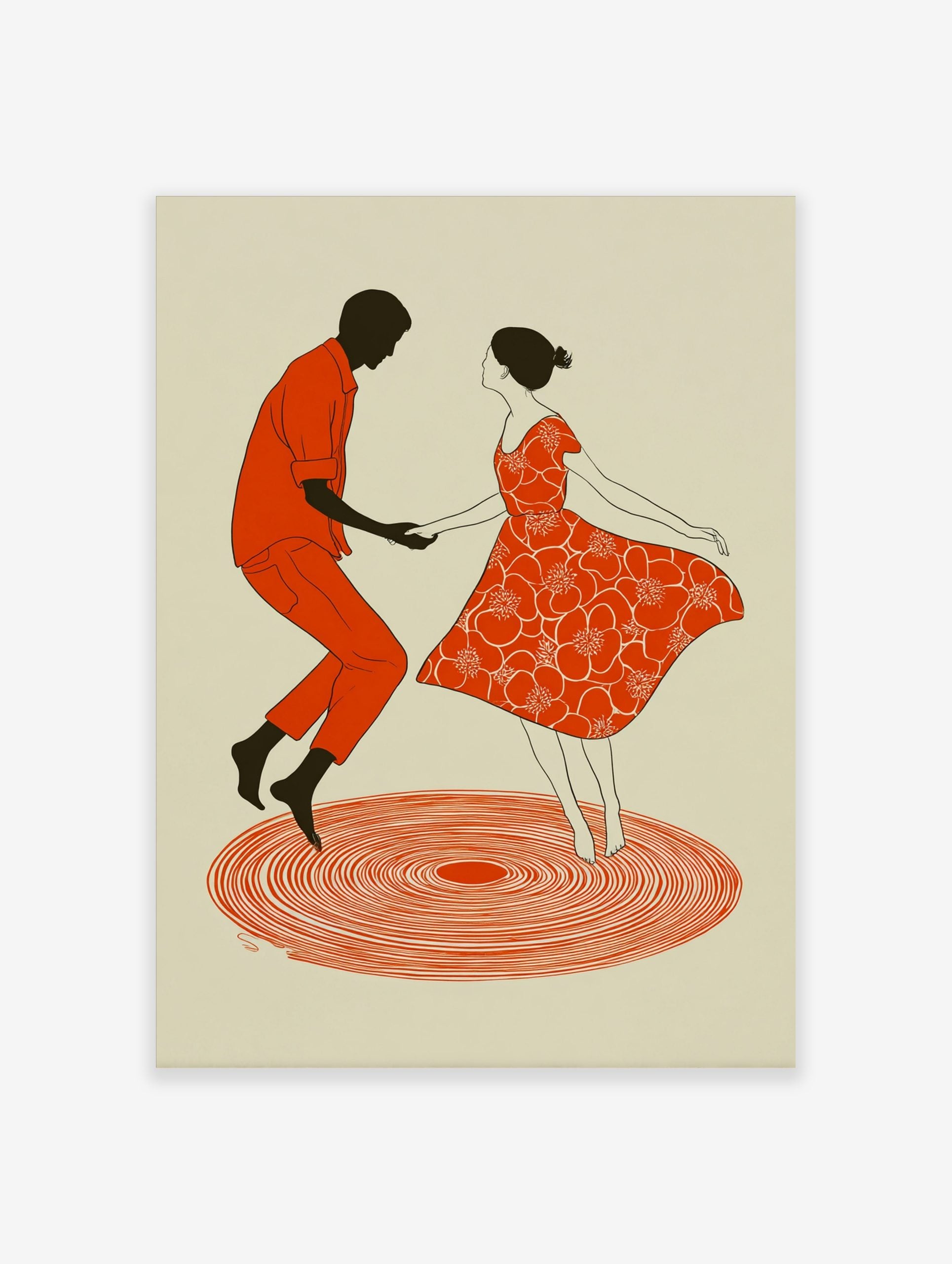 Illustrative art print of a dancing couple, man in orange, woman in red floral dress, on concentric red circles