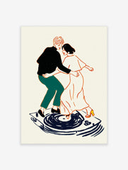 Illustrative art print of a couple dancing on a record player, outlined in orange with black, green, and white clothes
