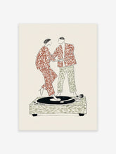 Illustrative Wall Art of a couple in patterned clothes dancing on a record player, set against a cream background.