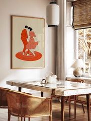 Illustrative print of a dancing couple in red, with a patterned dress and concentric circles on, in a styled room mockup