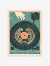 Illustrative print of two dancing tigers on a navy vinyl record with an orange centre and a hovering hand