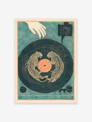 Illustrative print of two dancing tigers on a navy vinyl record with an orange centre and a hovering hand