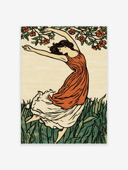 Art Nouveau illustration of a dancing woman in orange dress with green grass and red flowers