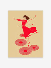 Red illustrative print of a dancing woman with headphones and musical notes, surrounded by vinyl records