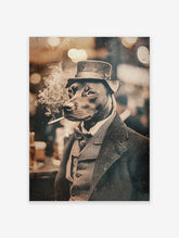 Dapper dog smoking poster featuring a black dog in a suit and top hat, with smoke curling from a cigarette against a bokeh background.