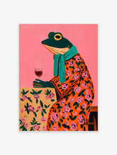 Whimsical painting of a frog in an orange floral robe, teal scarf, holding a wine glass against a pink background