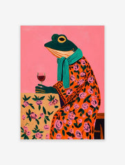 Whimsical painting of a frog in an orange floral robe, teal scarf, holding a wine glass against a pink background