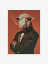 Dapper Sheep Smoking Poster art print featuring a sheep in a tuxedo smoking a cigarette against an orange background.