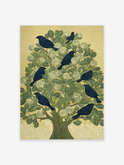 Illustrative print of dark birds in a green tree with white flowers and a pale background, portrait orientation
