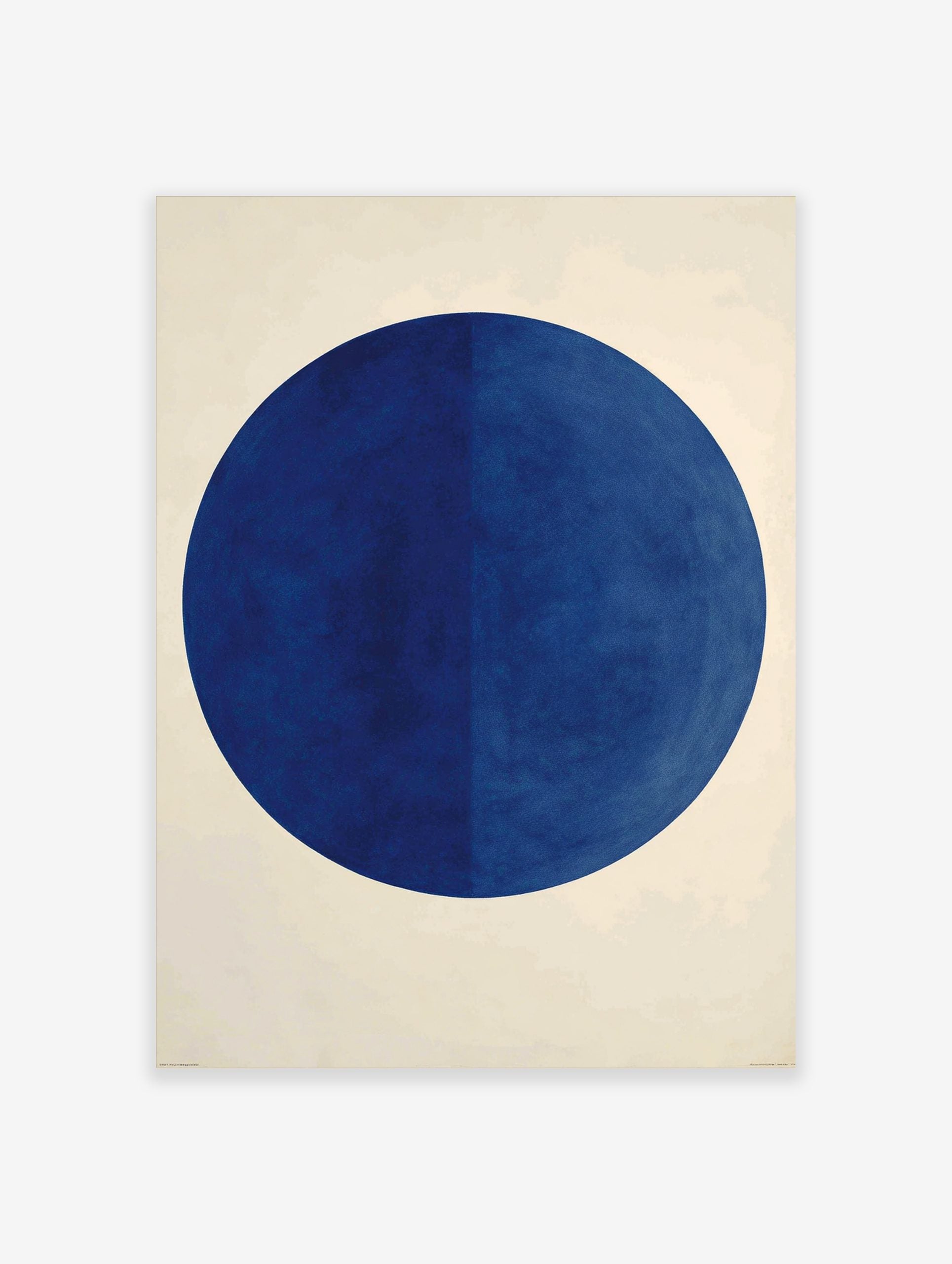 Minimalist dark blue circle geometric wall art print on an off-white background with subtle bisection