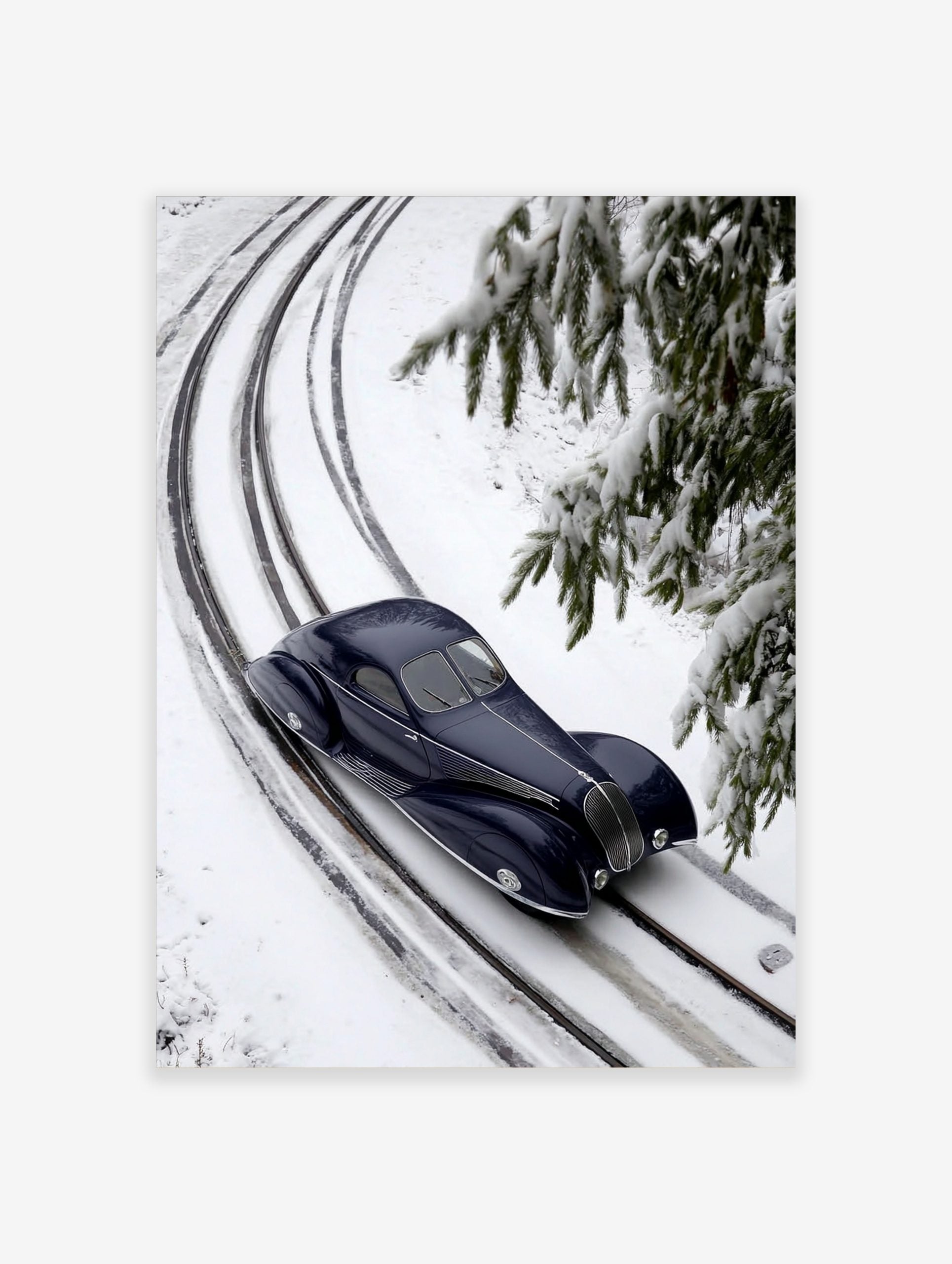 Dark blue vintage streamlined car on snow-covered railway tracks with fir branches in winter