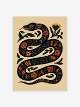 Dark snake with floral pattern and red tongue on beige background, folk art illustration