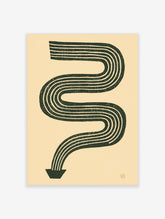 Dark green abstract line art print with winding ribbon and arrow base on beige background