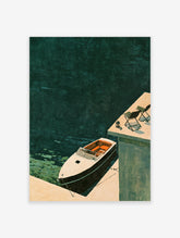 Dark green boat art print showing a white cruiser moored at a dock with two chairs