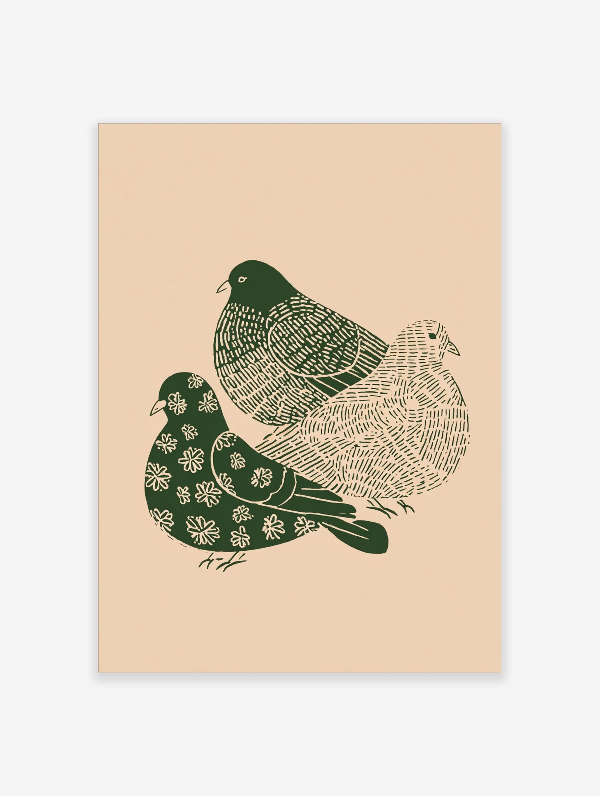 Three dark green illustrative doves with patterned bodies on a light beige background