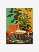 Decorative Teacup Still Life poster featuring ornate teacups with plants and flowers on a patterned rug, against green and yellow walls.