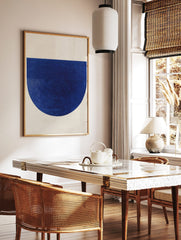Deep blue abstract geometric art print with textured semicircle and horizontal lines on off-white, in a styled room mockup