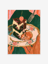 Surreal animal poster of a spotted fawn asleep beside a chocolate cake slice on a floral plate with a cherry and fork