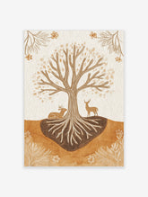 Illustrative wall art of a Tree of Life with exposed roots and two deer in earthy brown and beige tones