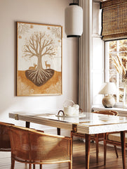 Illustrative wall art of a Tree of Life with exposed roots and two deer in earthy brown and beige, in a styled room mockup