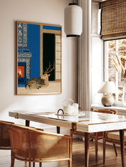 Spotted deer resting by a blue and white tiled fireplace in a traditional Japanese-style room, in a styled room mockup