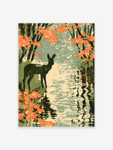 Woodblock style deer by water art print with orange autumn leaves and green reflections