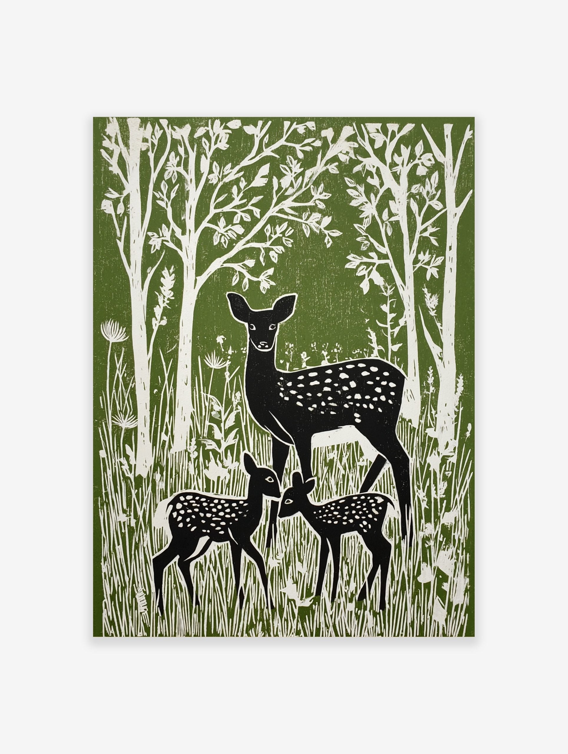 Green and white linocut style print of a mother deer and two fawns in a forest with tall trees