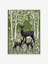 Green and white linocut style print of a mother deer and two fawns in a forest with tall trees