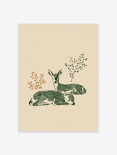 Illustrative print of two green deer fawns resting, with brown and green foliage on a light beige background