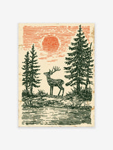 Vintage illustrated forest landscape wall art with a deer, pine trees, and a striped orange sun over water.