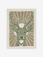 Stylised green deer head with antlers and sunburst on beige background, linocut style animal print