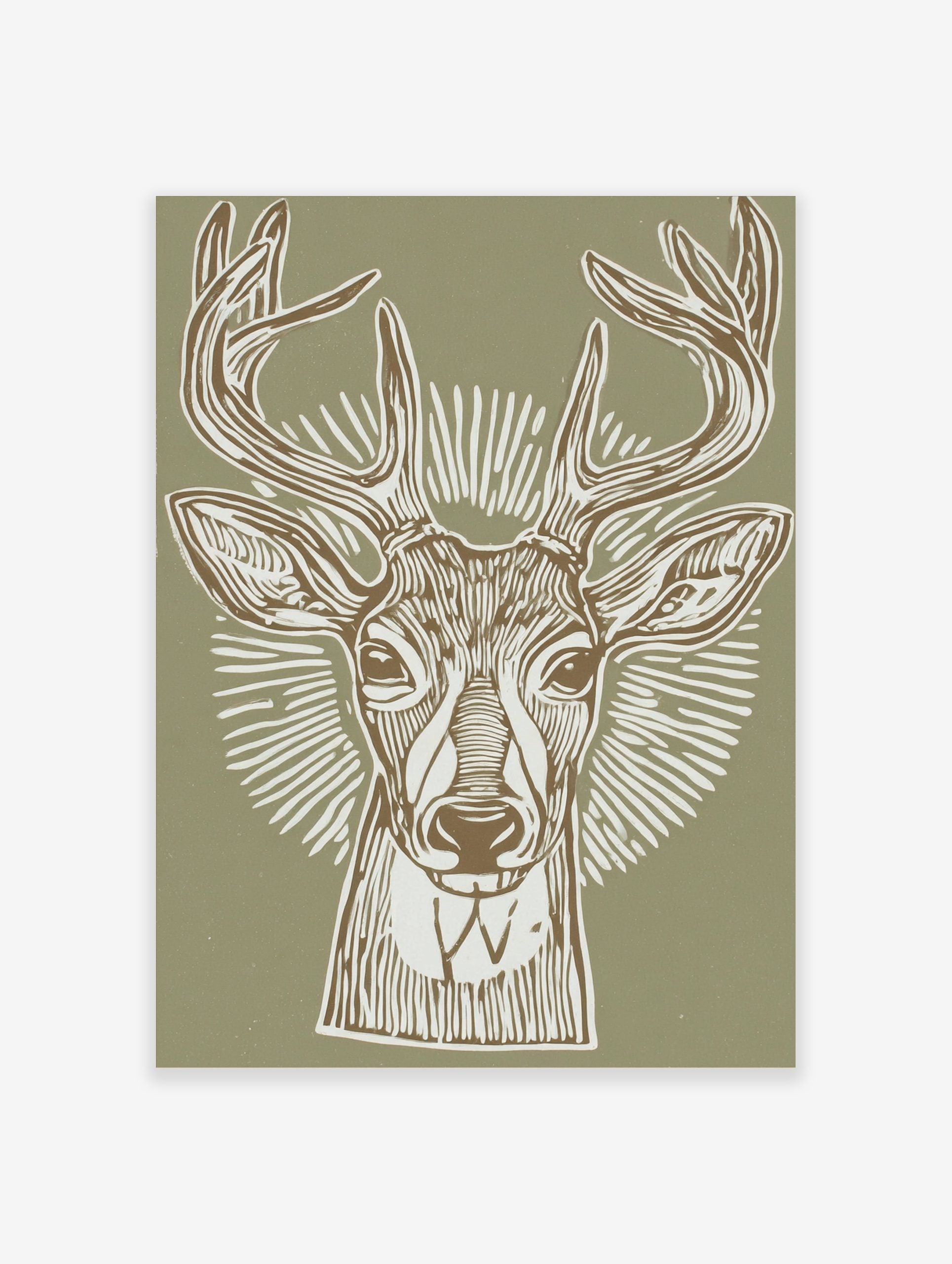 Illustrative deer head print with antlers and radial lines on a sage green background, in a linocut style